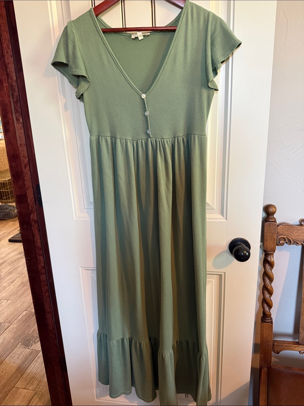 Sage Green V-Neck Maxi Dress with Button Front Flowing Skirt With Ruffle